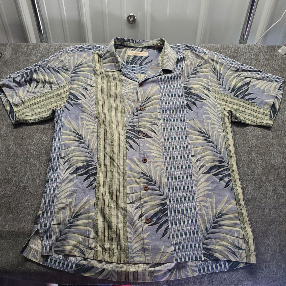 Tommy Bahama Men’s L 100% Silk Hawaiian Camp Shirt Blue Floral Aloha